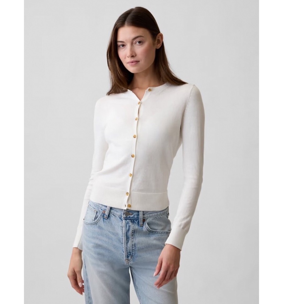 NWT Gap XL White Cotton Crewneck Button Front Cardigan Sweater Preppy Minimalist